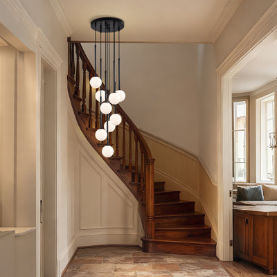 9-light Chandelier With Frosted Glass Globe Pendant Cluster Black Finish
