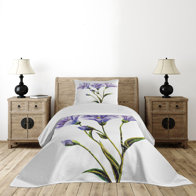 Queen White and Violet Floral Polyester Bedspread Set