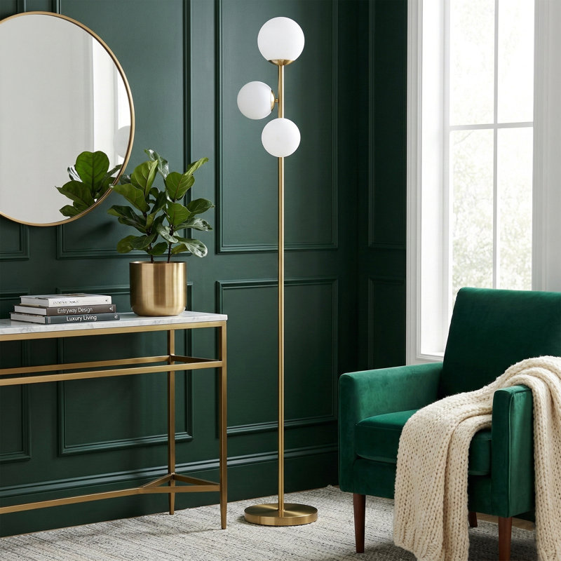 65.7in Modern Gold Globe Floor Lamp, 3-light Standing Tree Lamp With Foot Switch & Frosted Glass Shades