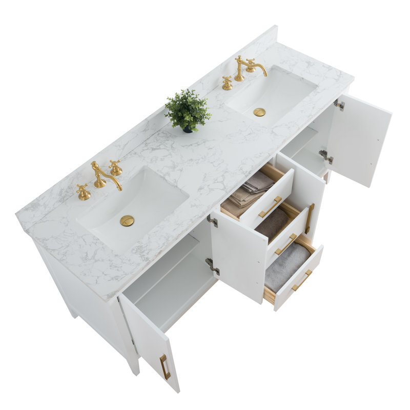Chambery 72" Double Sink Bathroom Vanity with Engineered Marble Top, White, Brushed Gold