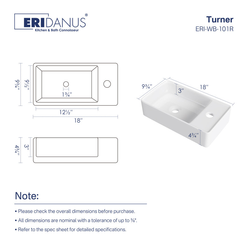 Turner 18" x 10'' White Ceramic Rectangular Wall Mount/Vessel Sink, Small Bathroom Sink with Right-Handed Faucet Hole 