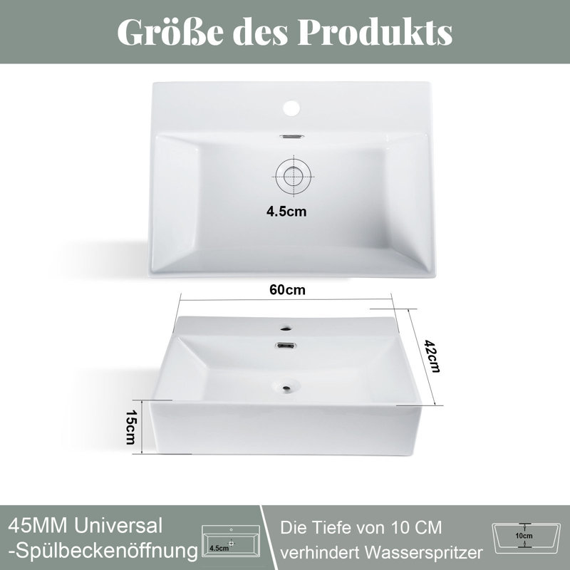 Belfry Bathroom 42mm W White Ceramic Oval Sink with Overflow,  15cm H x 42cm W x 60cm D
