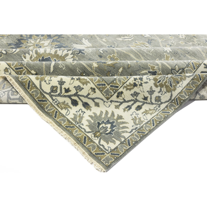 Floral Handmade Hand-Knotted Rectangle 9'1" x 11'10" Wool Area Rug in Cream