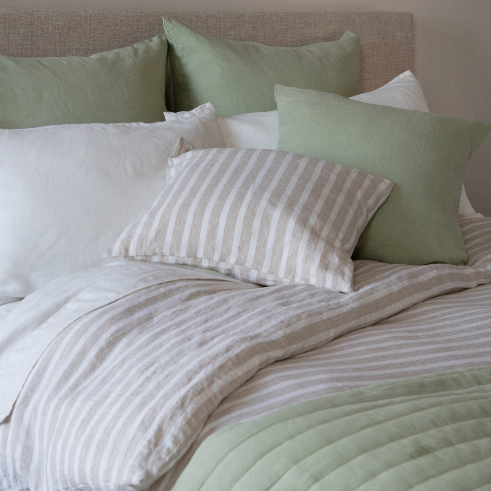 100% French Linen Pillow Sham, Square 20", Putty & Cream Stripe, Pillow Cover Only - No Insert