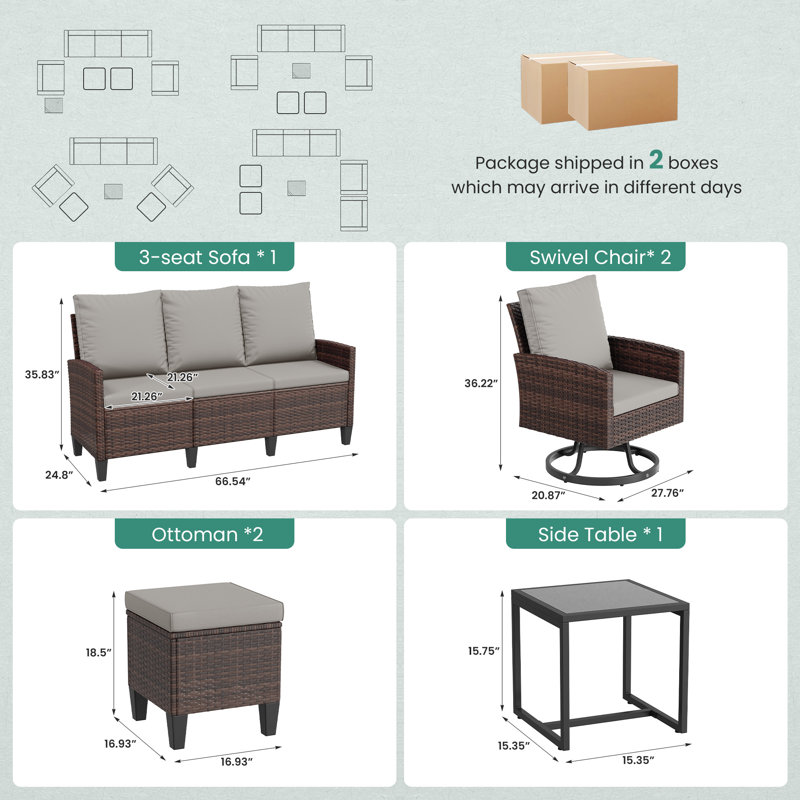 Ensemble de conversation modulaire en osier pour 7 personnes avec repose-pieds, Gray, Brown
