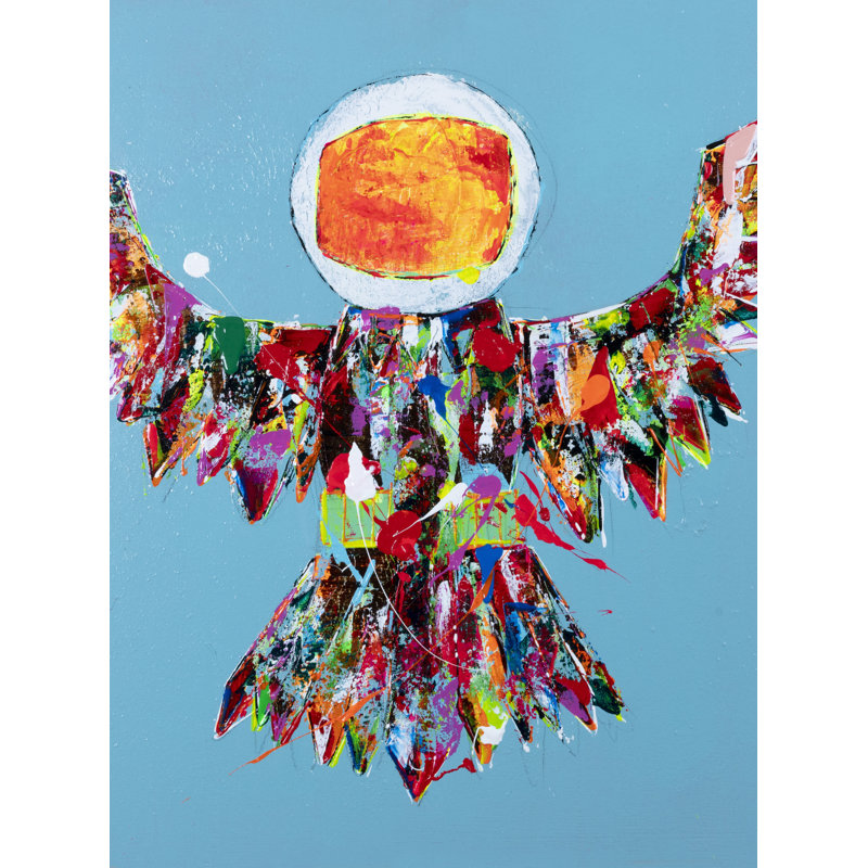 Owlstronaut on Blue par Jphono 1 - Peinture, H 31,25 po x l 25,25 po, Papier avec cadre noir, H 25 po x l 19 po