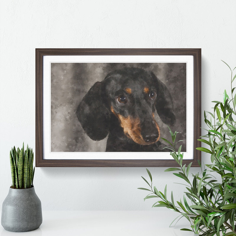 Portrait of a Dachshund Dog - Picture Frame Painting Print on MDF, 24cm H x 33cm W x 2cm D, Walnut Framed