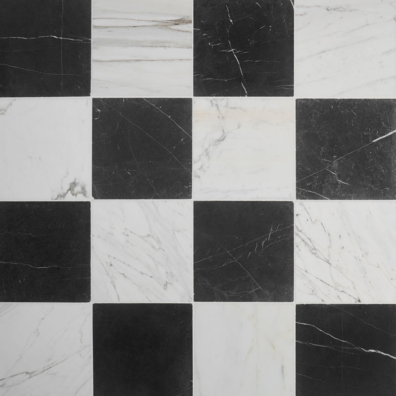 Avanti 12 in. x 12 in. Tumbled Marble Checkerboard 12 in. x 12 in. Polished Marble Tile, Nero and Calacatta Gold