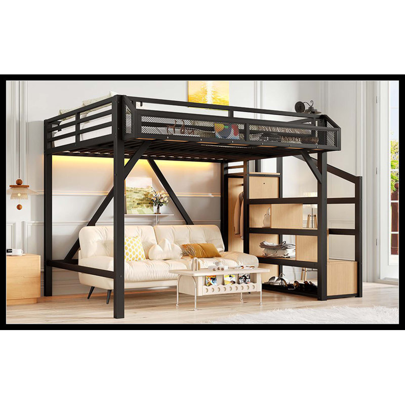 Full Loft Bed With Storage Stairs, Shelves And Built-In Wardrobe, Metal Loft Bed Frame With USB Ports And LED Lights, Noise-Reduced Design, Natural Wood