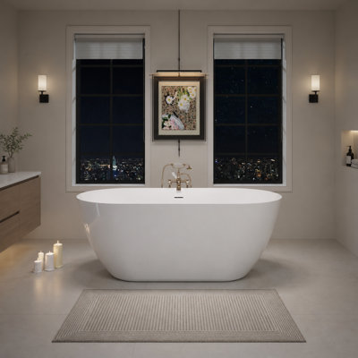 55" Acrylic Freestanding Soaking Bathtub, Modern Oval Contemporary Stand Alone Flat Bottom Bath Tub with Pop-Up Drain & Integrated Overflow, Glossy White