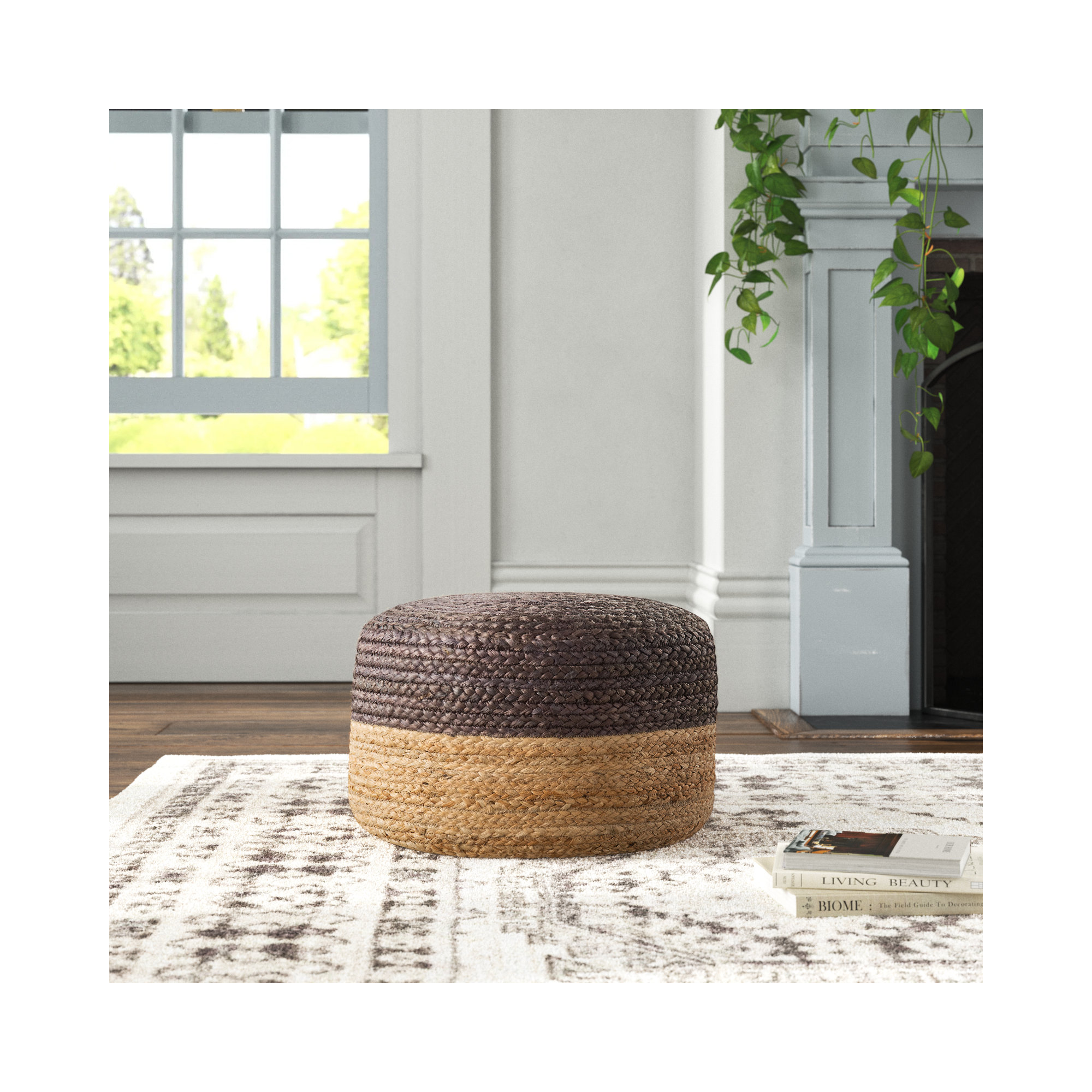 Teele 18" Wide Round Pouf Ottoman, Dark Gray/Beige