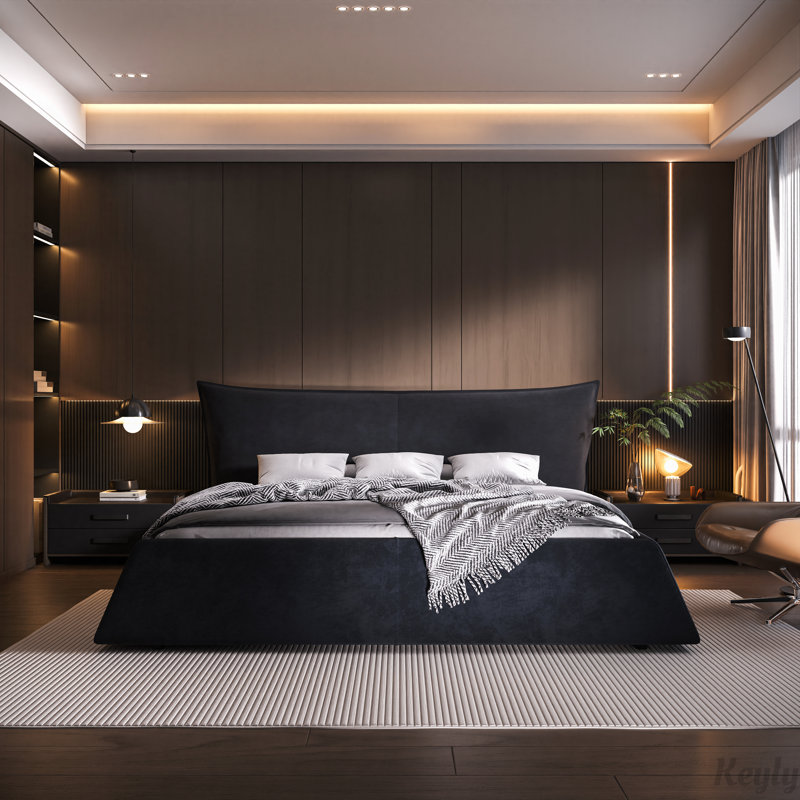 Upholstered Platform Bed with Special Shaped Velvet Headboard, Black, King