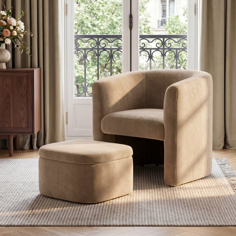 Braedin Upholstered Accent Chair & Storable Ottoman, No Assembly Required, Khaki Velvet