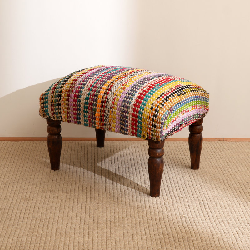 Decorative Upholstered Foot Stool | Handwoven Accent Ottoman | 20.5x15.5x15"