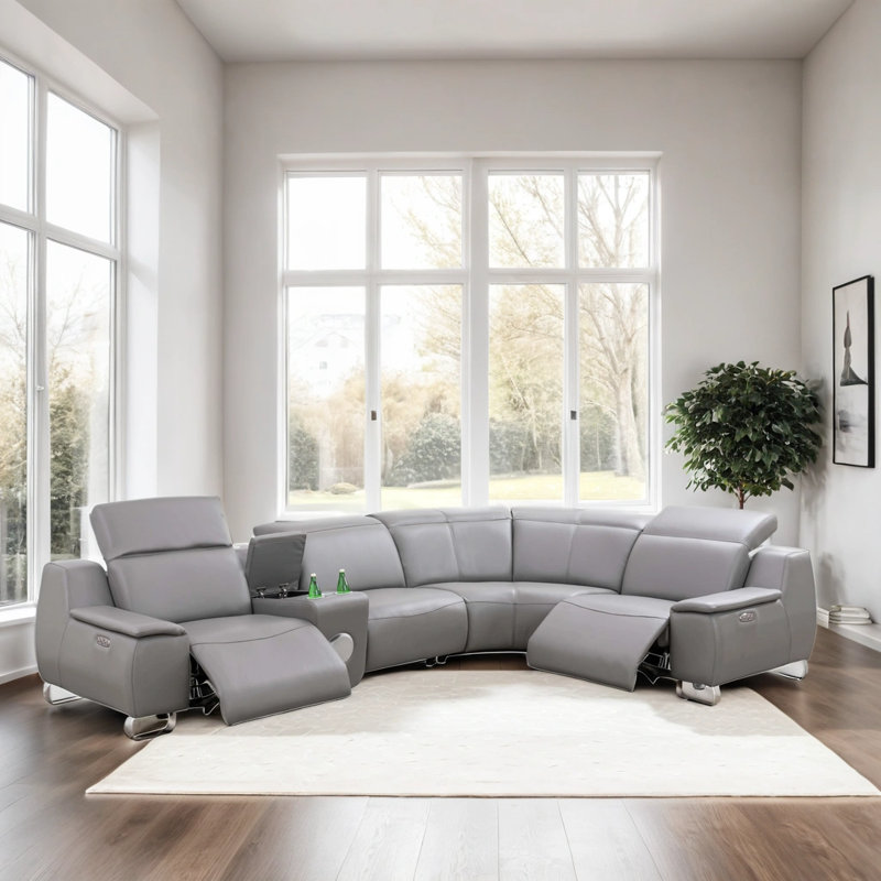 207" Wide 5-Piece Multifunction Grey Genuine Leather Living Room Sofa Set