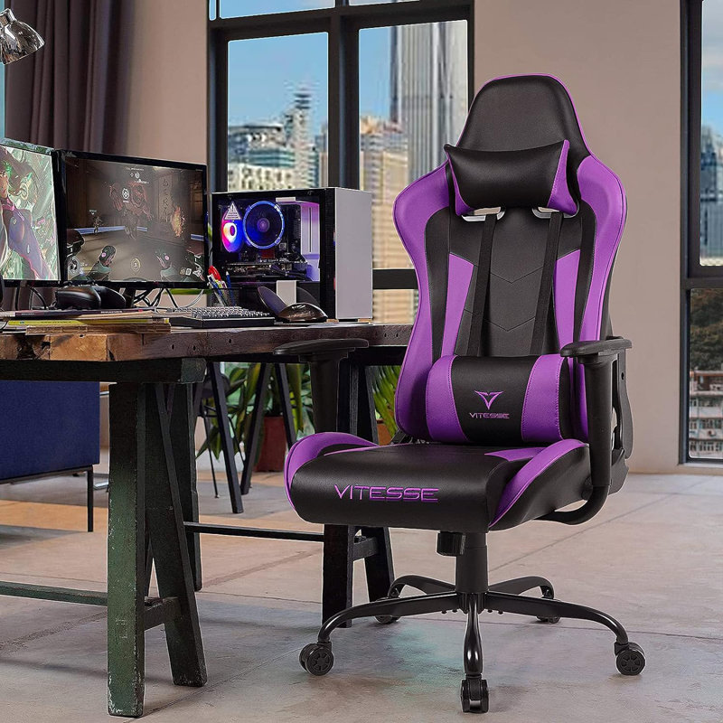 Fauteuil de jeu ergonomique pour ordinateur avec support et appui-tête de 330 lb, Mauve, H 49,7 po x l 22,2 po x P 21 po