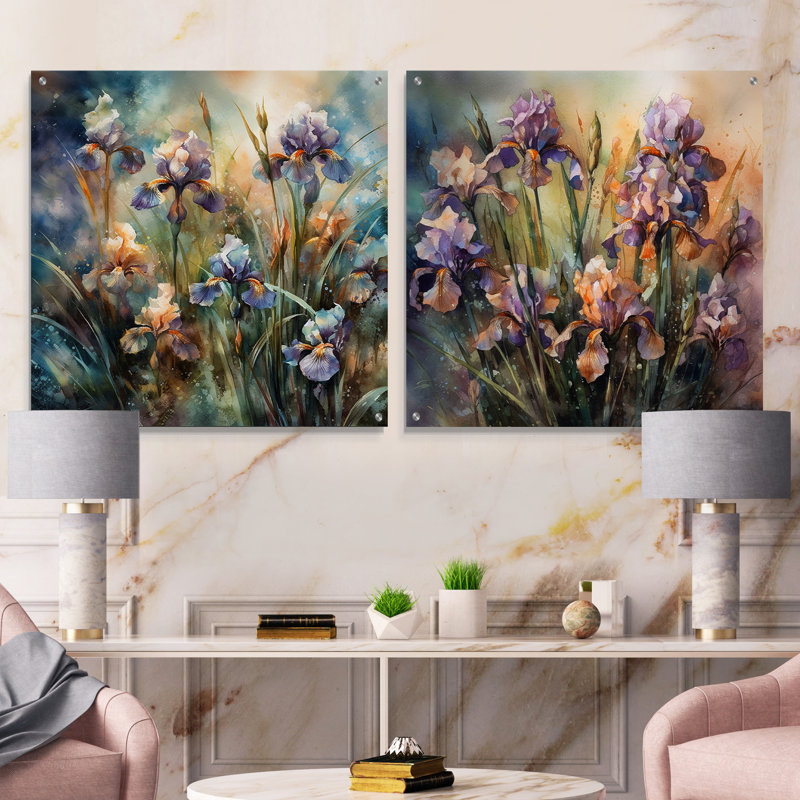 Mauve, sauvage, sauvage, Iri S I - iris, ensemble d'art mural en acrylique sur verre, H 16 po x l 33 po