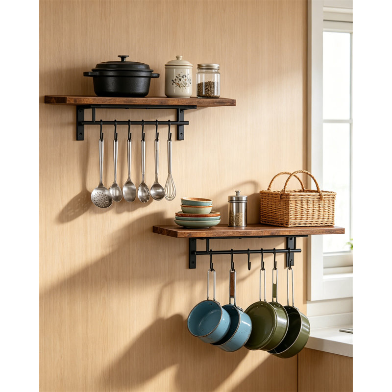Ensemble de 2 supports à casseroles muraux, supports à casseroles rétro brun rustique avec tablette flottante