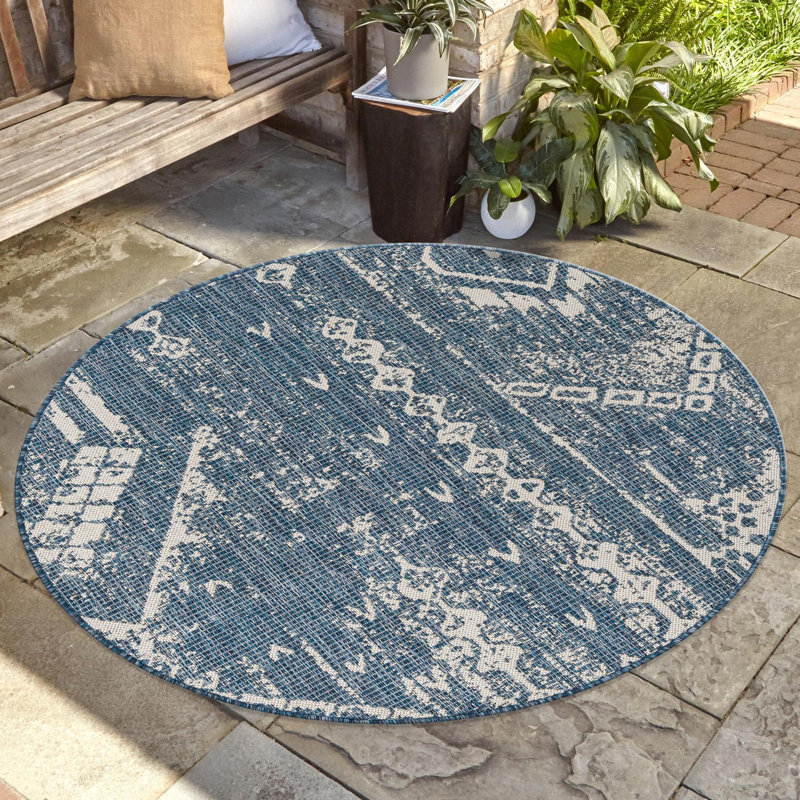 Tapis intérieur / extérieur bleu / ivoire en polypropylène tissé à la machine Bonnetta, Rond 6 pi