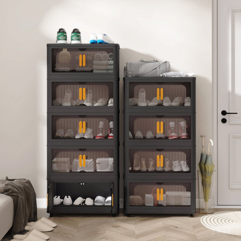 24" Side Wide Folding Plastic Storage Cabinet With Bins - Collapsible, Magnetic Door, With Wheels