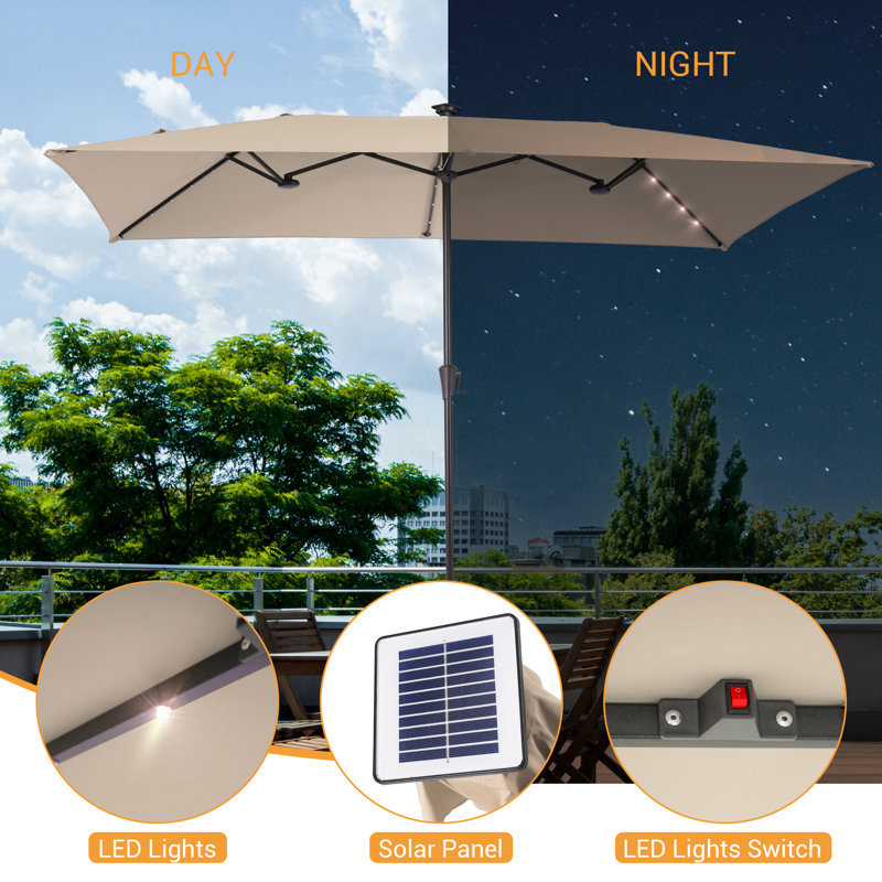 Parasol de marché rectangulaire à double face 10 x 6,5 pi à énergie solaire pour terrasse, Beige