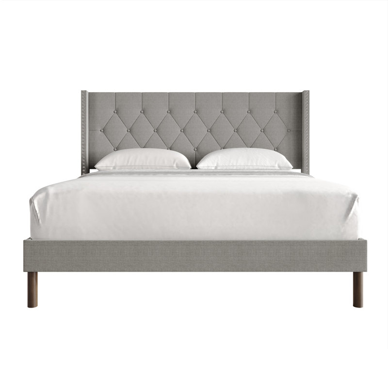 Linen Upholstered Wingback Bed , Light Gray, Queen