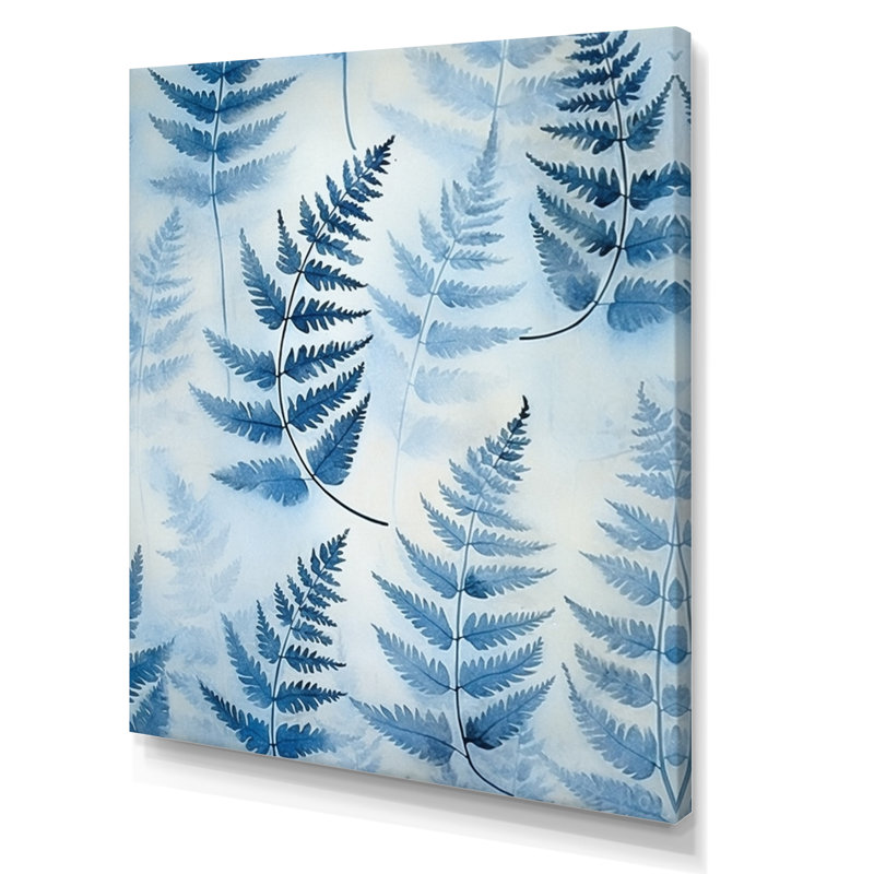 «Blue Fern Fond I» - Art mural sur toile à motif floral, Toile tendue, 32" H x 16" W