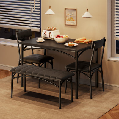 GarveeHome Space-Saving 4-Piece Dining Table Set – Rustic Gray – Includes Kitchen Table, Upholstered Bench & 2 Chairs – Compact for Small Apartments &