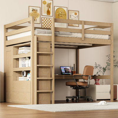 Lit mezzanine double pleine grandeur avec garde-robe, bureau et tiroirs intégrés pour améliorer le système de rangement de la chambre à coucher