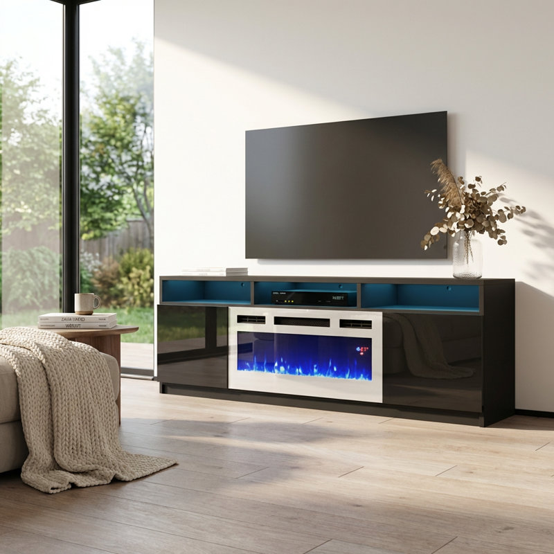 Anirudh 63" Modern TV Stand with Electric Fireplace, High Gloss Finish, Media Storage, Black