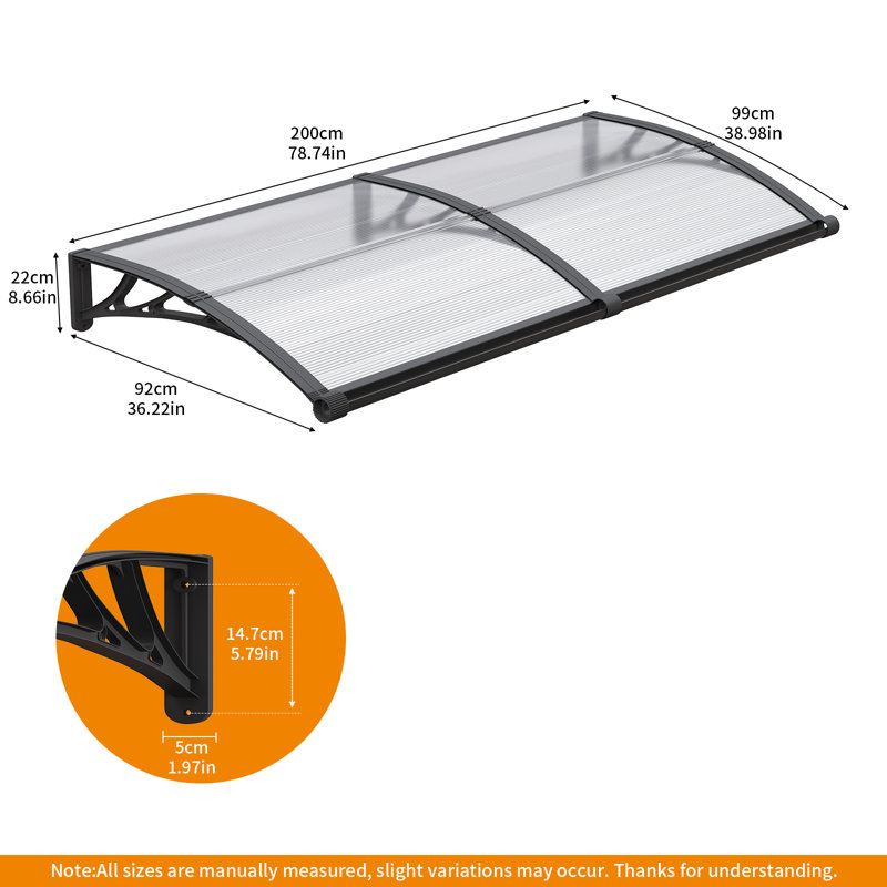 GUANSU-CN Polycarbonate Cover Retractable Door / Window Awning, 80x200 cm, Clear/Black