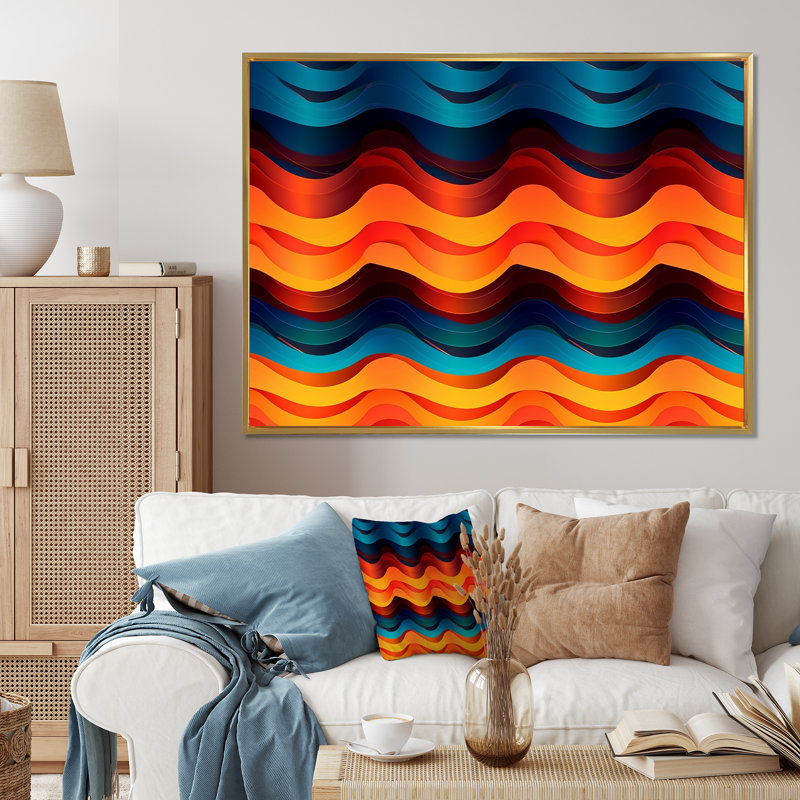 Les vagues de la musique en orange et bleu rétro - musique sur toile, H 34 po x l 44 po x P 1,5 po, Cadre flottant doré