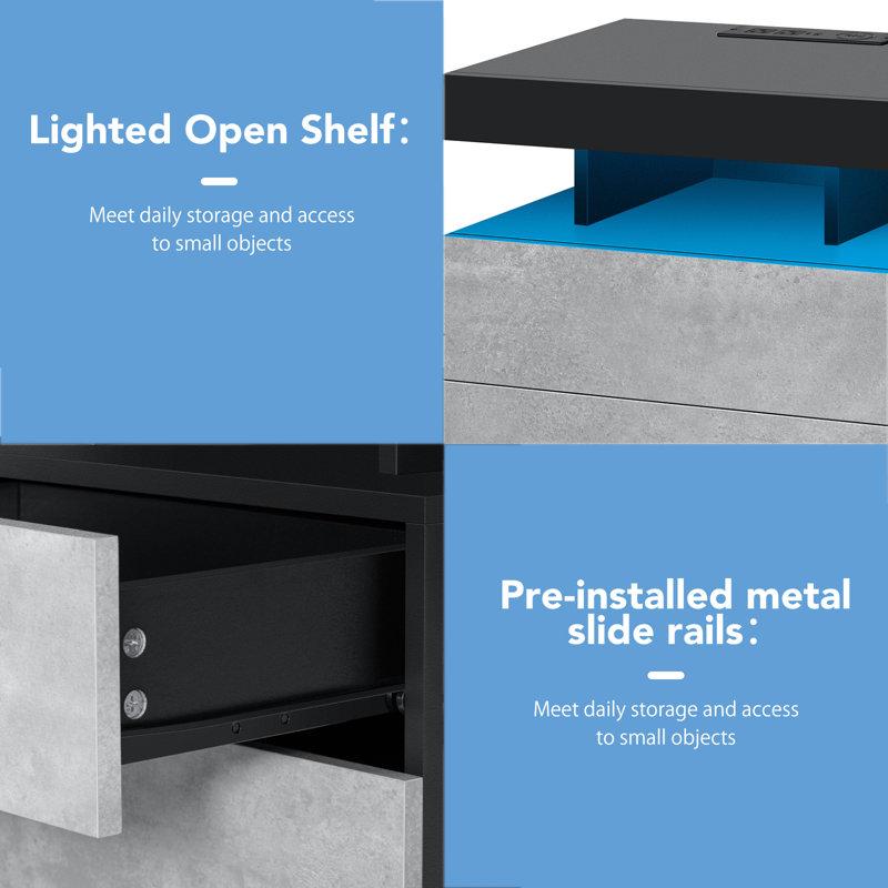 Gray Manufactured Wood Nightstand Set with LED Lights and Wireless Charging