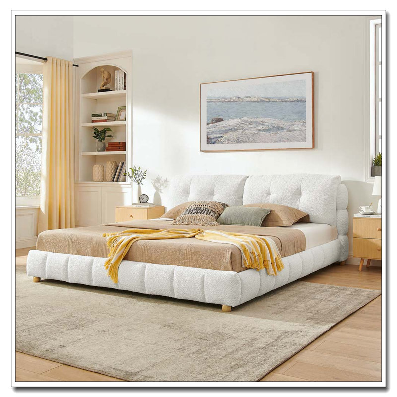 Lit plateforme en tissu crème de style bouclé, Très grand lit