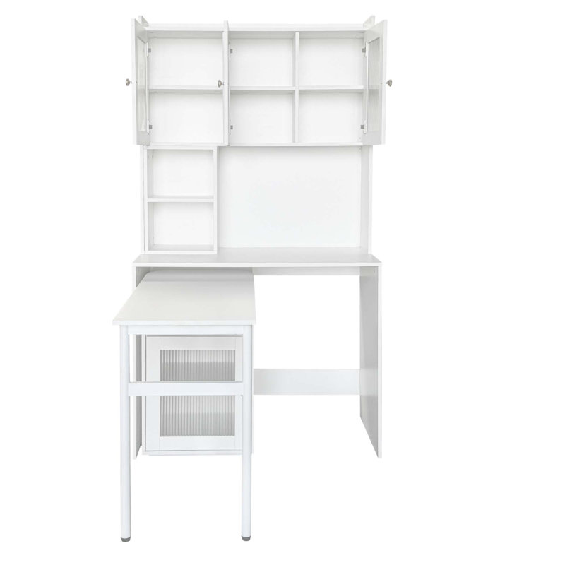 Bureau d'ordinateur avec bureau rotatif à 90 degrés, 3 portes en verre, bibliothèque et huche pour l'espace de travail, Blanc