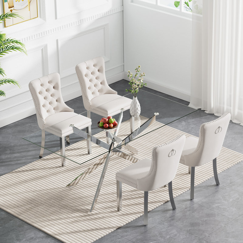 Darlene 60" Glass Dining Table Set Modern Dining Room Table Set  X-Shape Pedestal Glass Table with Dining Chairs, Dining Set for Dining Living Room
