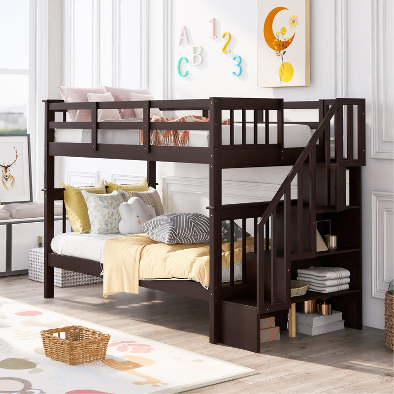 Lit superposé simple au-dessus de simple avec rangement et barrière de sécurité pour chambre à coucher, dortoir, Espresso
