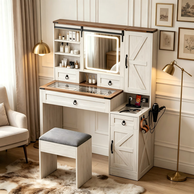 Coiffeuse de maquillage blanc Farmhouse, coiffeuse à miroir en verre coulissant avec station de charge et tabouret, Blanc