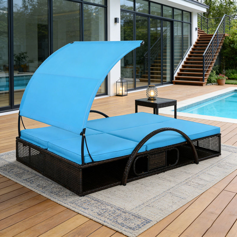 Chaise longue d'extérieur en acier avec dossier réglable, lit double de patio avec table d'appoint cachée et accoudoirs arqués