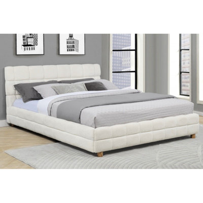 Grand lit avec tissu en molleton doux et tête de lit à grille, conception contemporaine à profil bas, cadre de chambre à coucher, bois, cadre de revêtement moderne à plateforme, bois d'ingénierie,
