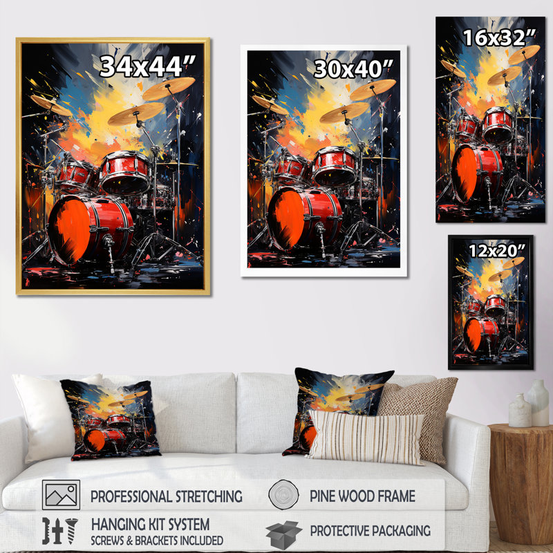 Popart Music Drums - Décoration murale musique, Cadre flottant doré, H 32 po x l 24 po x P 1 po