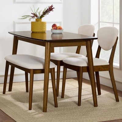 Ensemble de table de salle à manger 4 pièces Mid-Century moderne - noyer / crème - table de cuisine en bois avec 2 chaises rembourrées