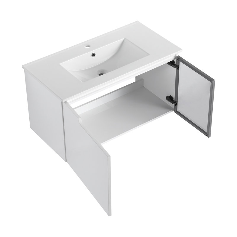 Ensemble de meuble-lavabo mural brillant Lumivera avec lavabo en céramique et porte en verre gris, 84"