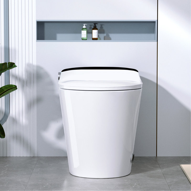 Smart Toilet With Foot - Kick Flushing, Less Than 1.28 Gallons Per Flush, Chair Height Design, White Porcelain, Easy Installation Built In Bidet, Lid Opening, Heated Seat, Rinse Function, Multi Mode