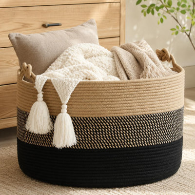 Grand panier à couvertures (51 x 33 cm), panier en corde tressée pour ranger le linge de bébé, panier à couvertures en corde de coton pour le salon, la buanderie, la chambre d'enfant, les oreillers, le coffre à jouets de bébé (jute/noir)