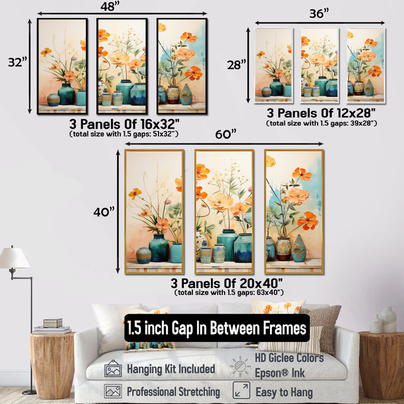 Aquarelle florale bleue II - art mural Boho, H 28 po x l 36 po x P 1 po, Cadre flottant noir