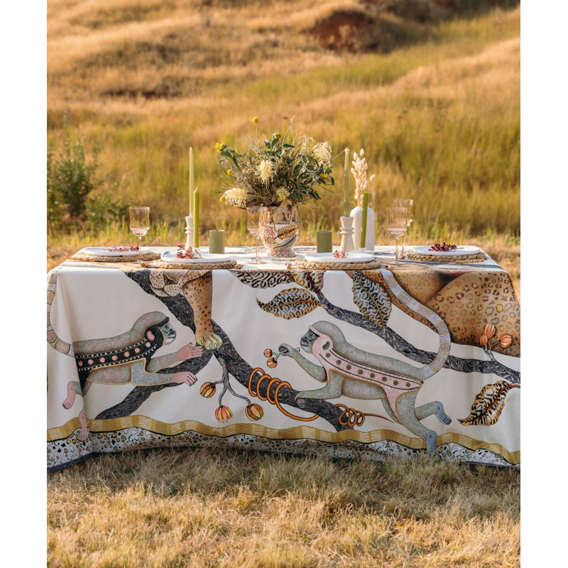 Monkey Tales Tablecloth - Cotton, 94" L, Stone