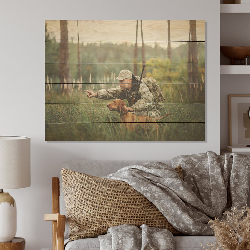 Motif de chasse au chien - chasse et pêche, art mural sur bois de pin naturel, H 10 po x l 20 po