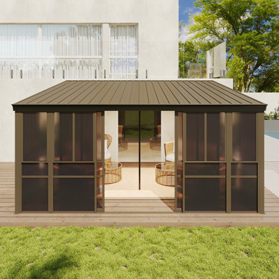 Wall-Mounted Screened Gazebo with Sliding Mesh Windows, Hardtop Metal Roof, and Aluminum Frame