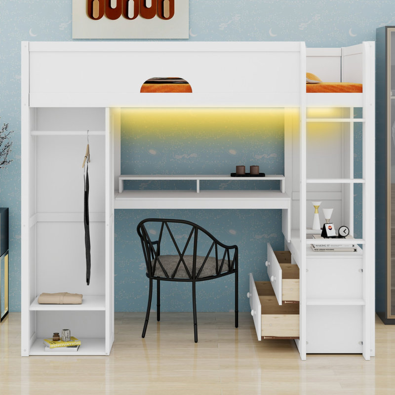 Lit mezzanine avec bureau, garde-robe, éclairage contrôlé par l'application et station de charge pour les chambres à coucher complètes